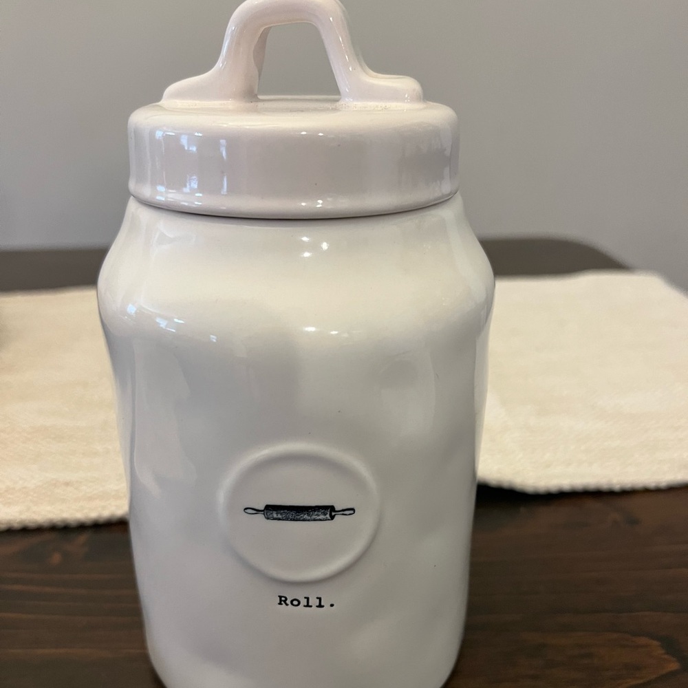 Rae Dunn “Roll” White Ceramic Kitchen Canister